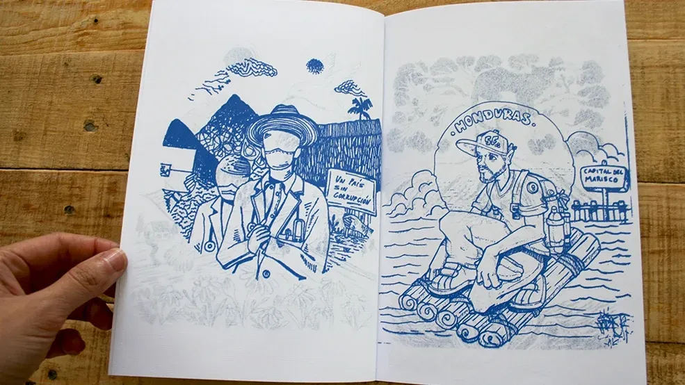 Fanzine abierto con ilustraciones azules de personajes y paisajes de Honduras