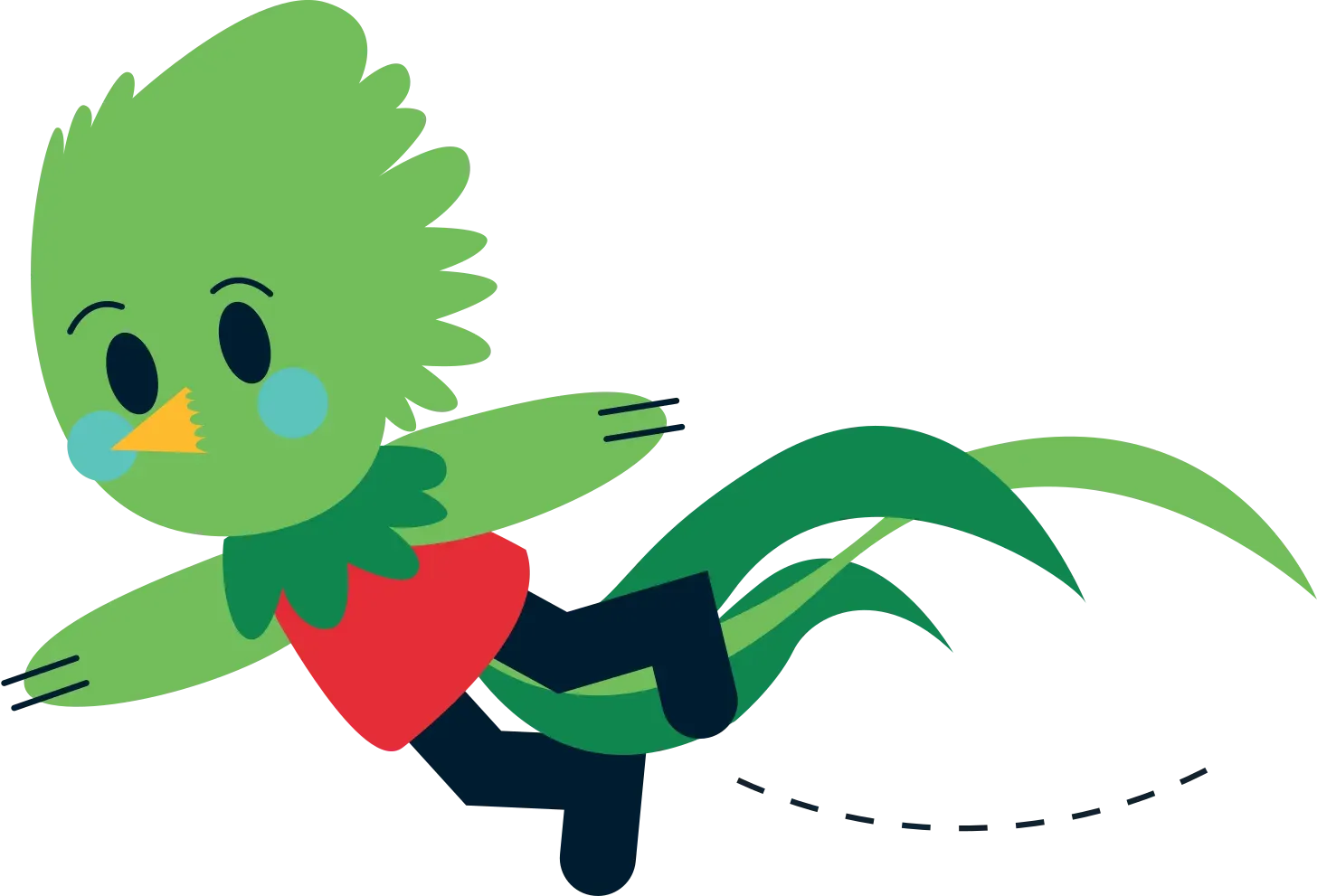 Ilustración de un quetzal verde que vuela con una capa