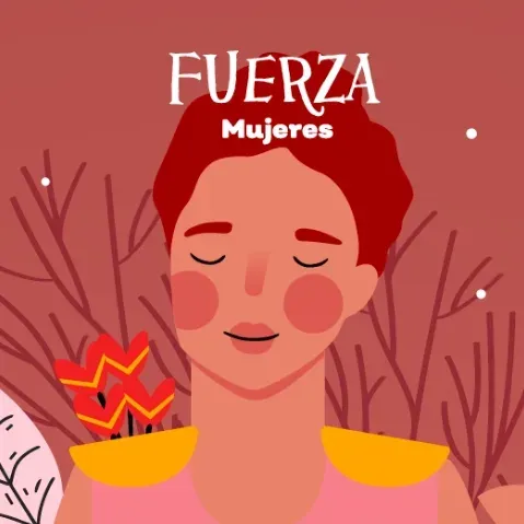 Ilustración de una mujer de cabello rojo con el título Fuerza Mujeres