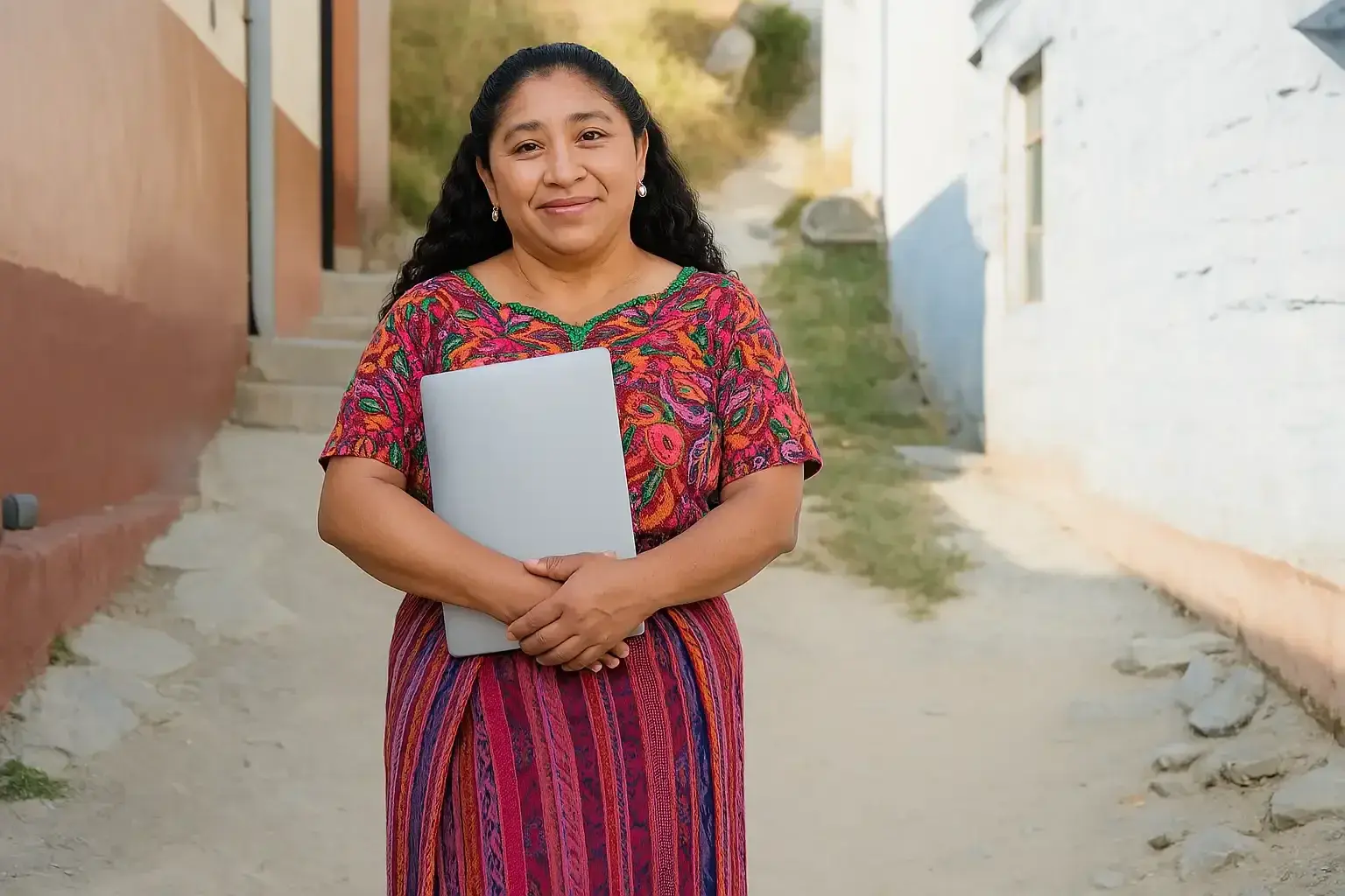 Mujer indígena sonriente con blusa bordada sostiene una laptop en una calle empedrada