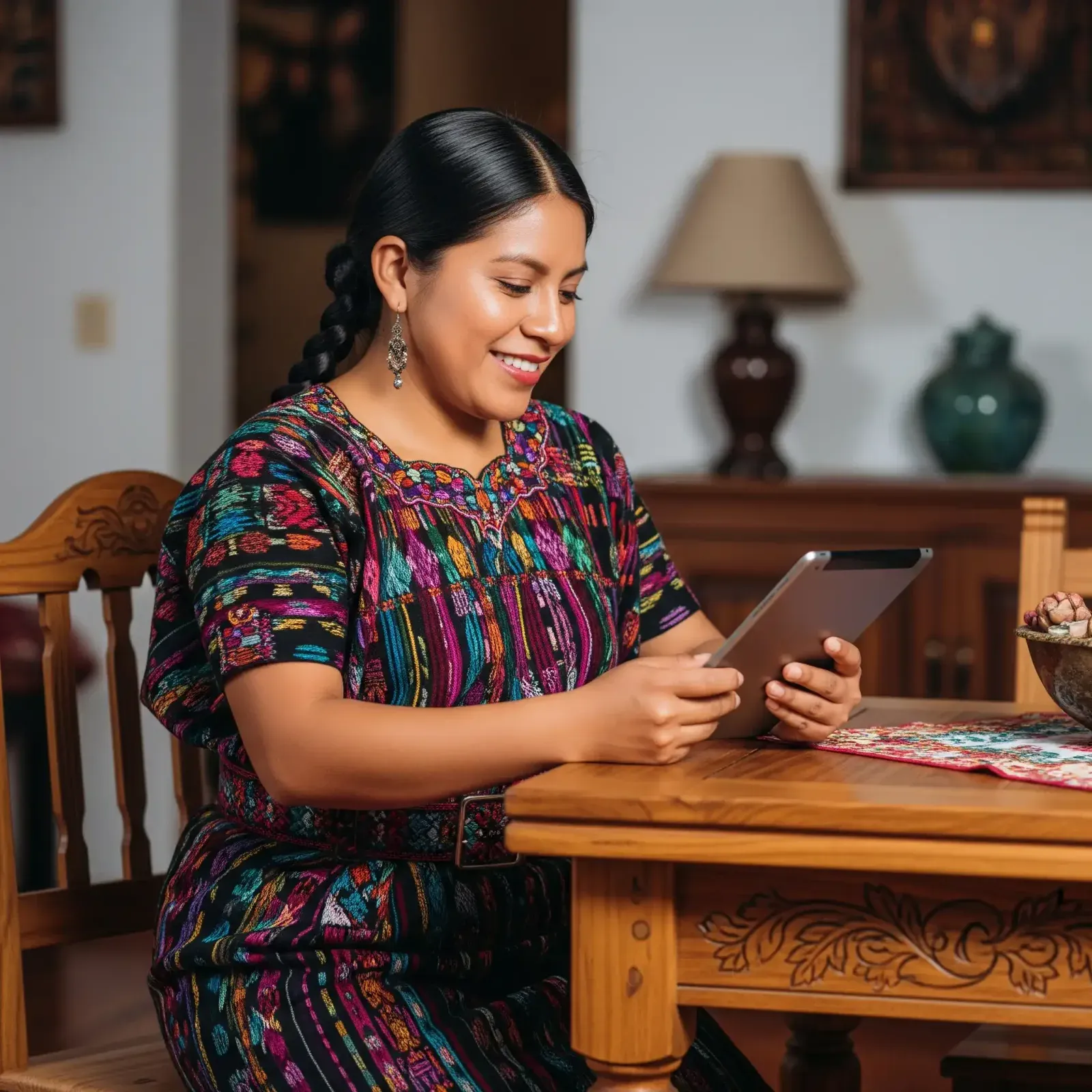 Mujer indígena sonriente usa una tablet sentada junto a una mesa de madera tallada