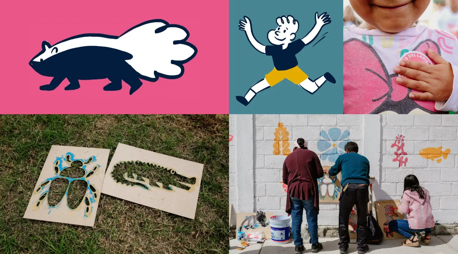 Collage con un tlacuache y un niño ilustrados, manos con pintura, piezas de madera con insectos y un mural pintado por voluntarios