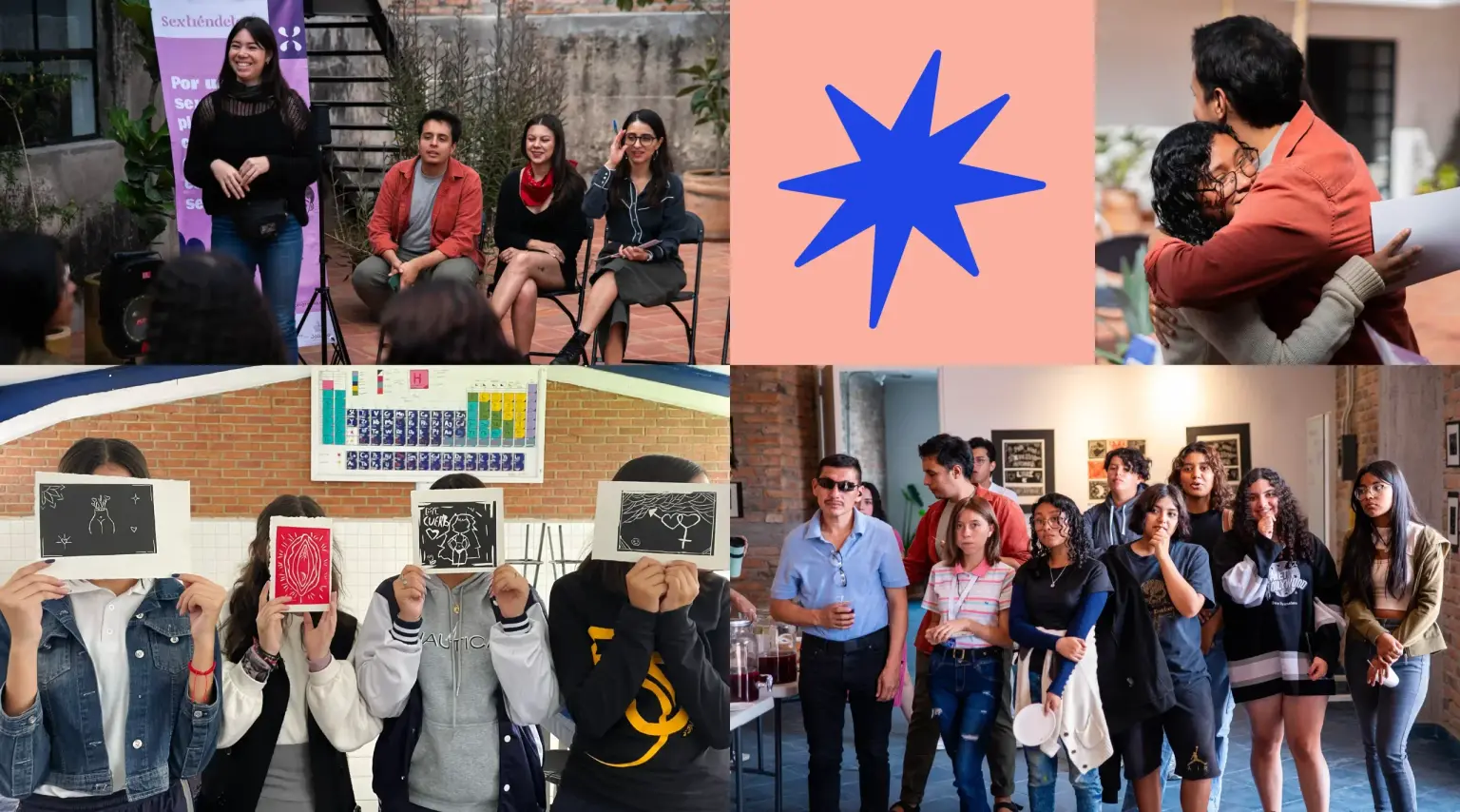 Mosaico de fotografías de los talleres de Sextiéndete con una ilustración de estrella azul
